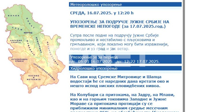 Upozorenje na nepogode sutra 