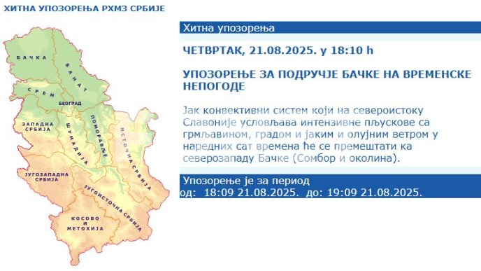 Upozorenje za Sombor i okolinu